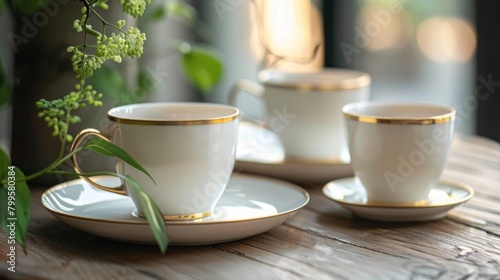 A minimalist yet striking ceramic tea set with a simple allwhite design and the addition of a gold rim on the teacups adding a touch of glamour..