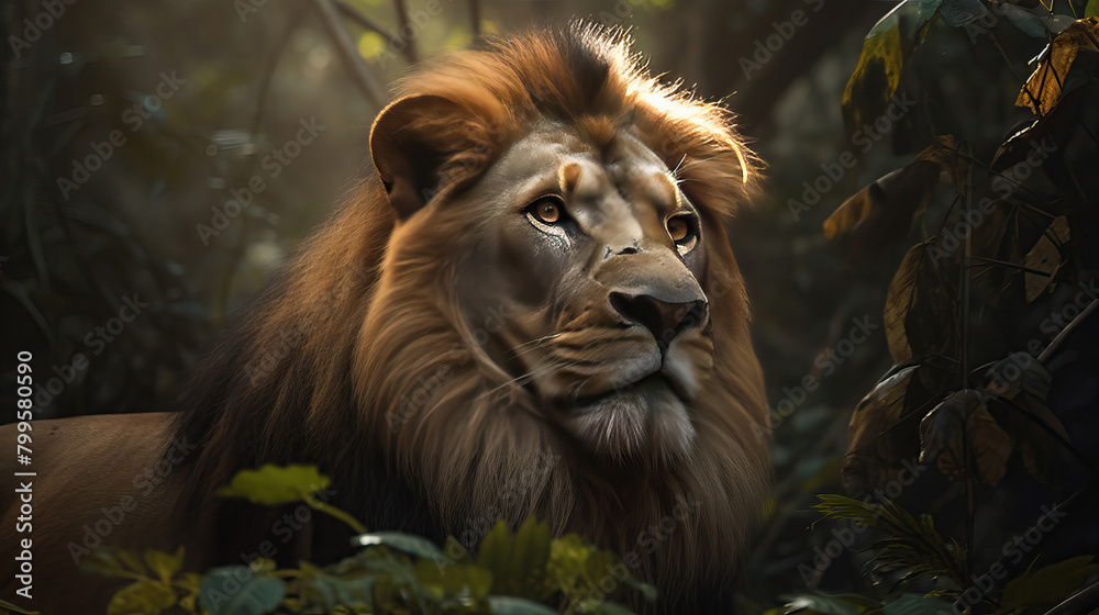 Great Lion in the forest at morning with sunshine flare. Great Lion in the forest at morning with sunshine flare.
