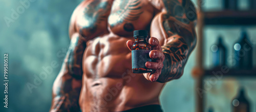 Muscular Model Athlete Holding Supplement Bottle Promoting Health Enhancing Benefits Concept