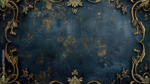 Elegant distressed dark blue background with ornate gold floral designs and patterns photo