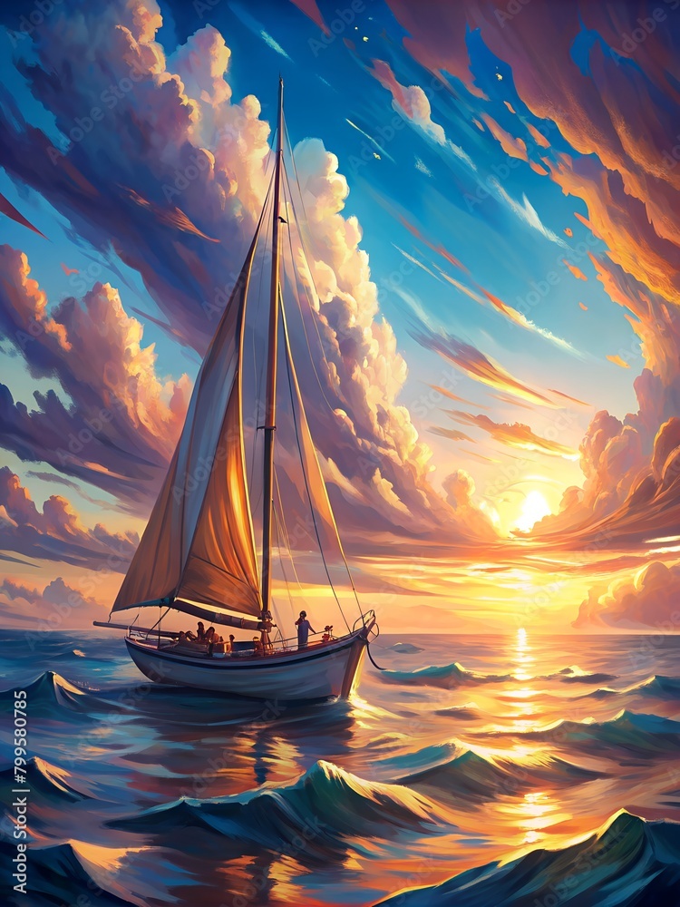 a sailboat is sailing in the ocean with the sun setting behind it.