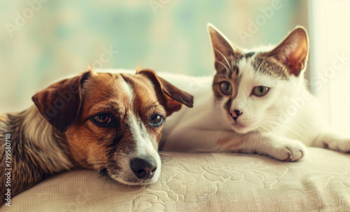 Dog and cat lying together on bed, looking relaxed comfortable