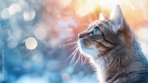 Domestic cat gazing upwards with bokeh background of light