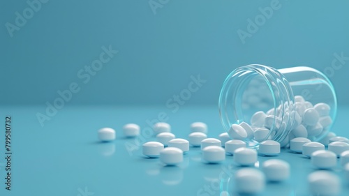 Glass bottle spilled white pills on blue surface