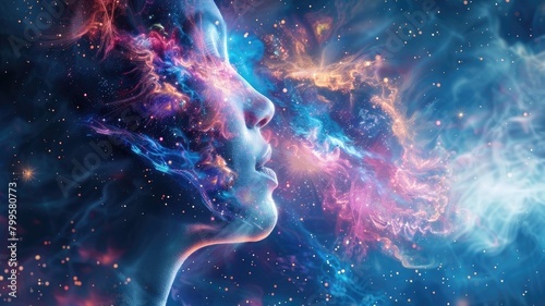 Surreal image blending woman's profile with cosmic nebulae