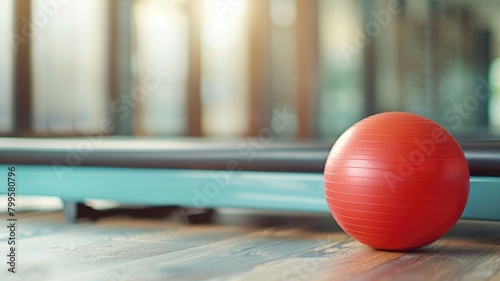 Red exercise ball on polished wood floor in gym with equipment background