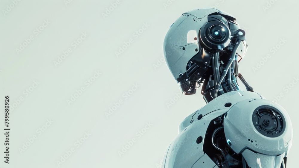 Futuristic robot with humanoid head and torso equipped cameras sensors Futuristic robot with humanoid head and torso equipped cameras sensors