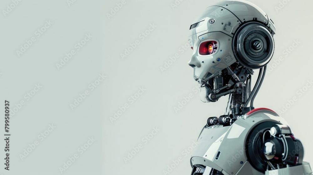 Profile of futuristic robot with human-like head and red eye Profile of futuristic robot with human-like head and red eye