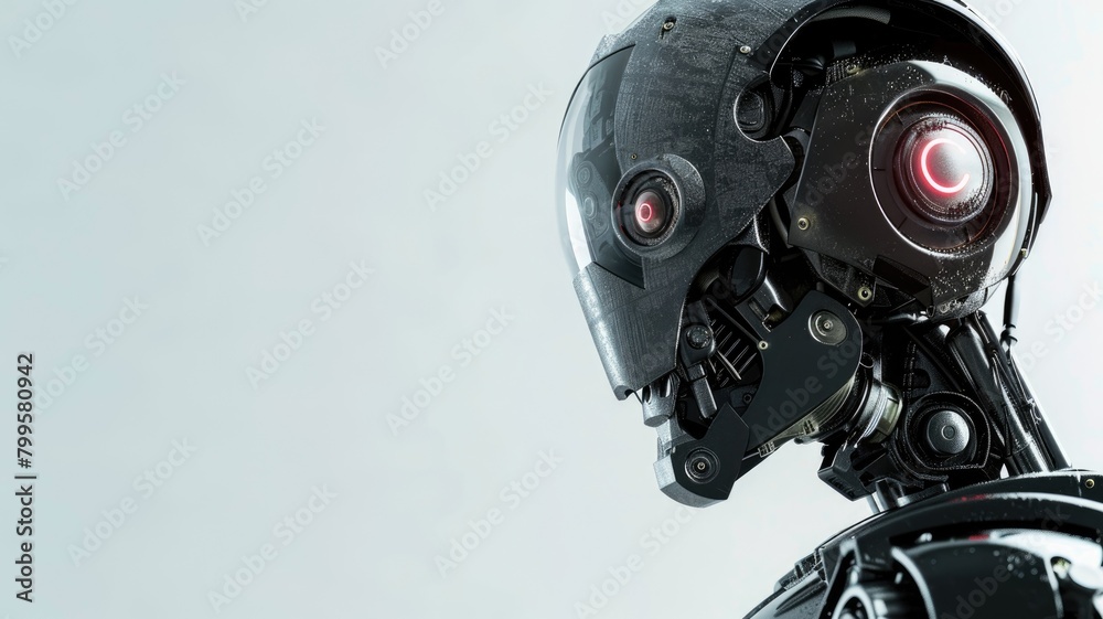 Fototapeta premium Close-up of humanoid robot head with intricate mechanical details and glowing red eyes