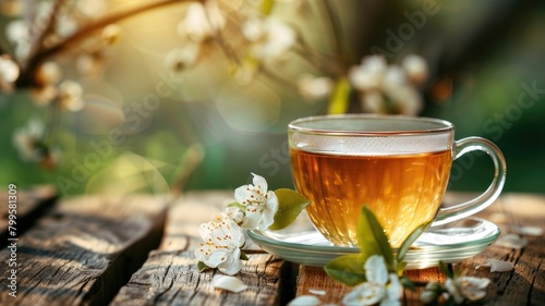 Transparent cup of tea with saucer on wooden surface amidst blossoming branches