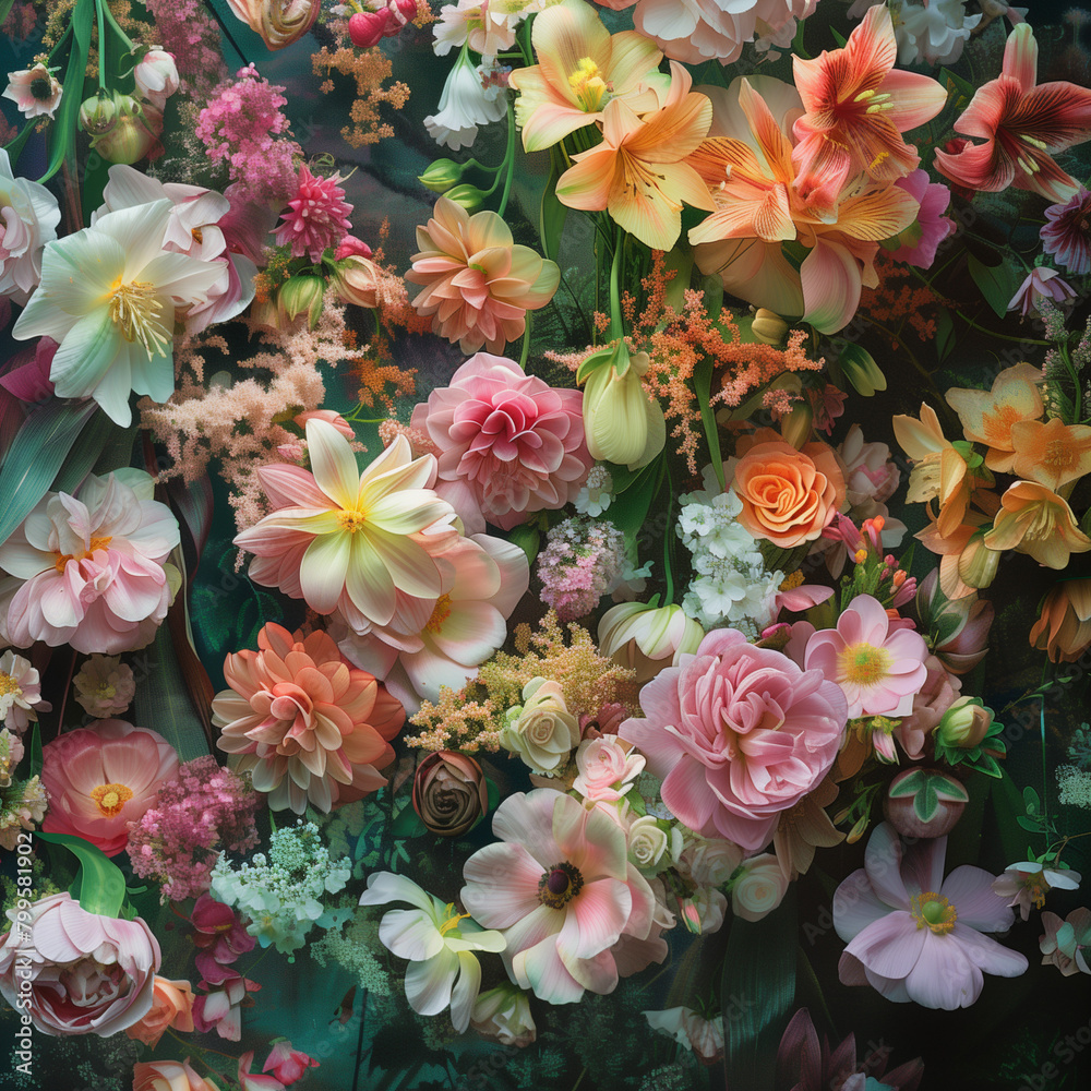 The image shows a close-up of a bouquet of flowers in a variety of colors and shapes. The image shows a close-up of a bouquet of flowers in a variety of colors and shapes.