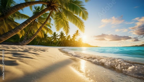 A pristine tropical beach with white sand  crystal clear turquoise water  and lush palm tree 