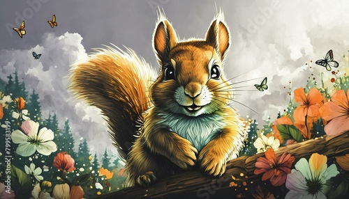 A spring-themed illustration of a joyful squirrel with large, expressive eyes, depicted 