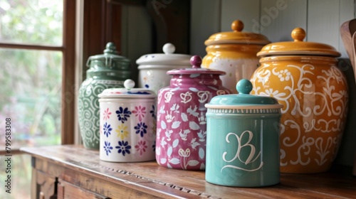 A variety of personalized kitchen canisters each one handpainted with a customers initials..