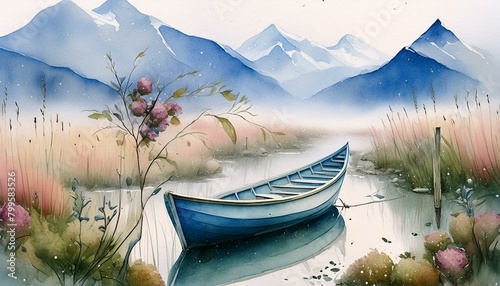 Boat in a ditch with reeds, and a bush in the background, winter scene, Foggy with veils photo