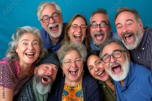 Group of seniors laughing and looking at the camera against a blue background