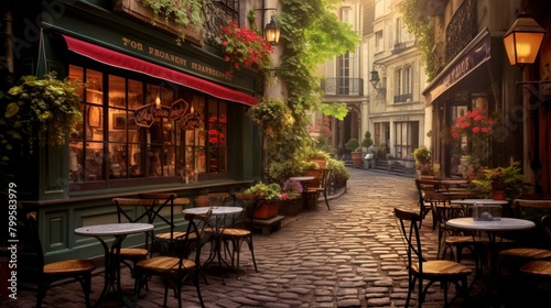 A charming cafe tucked away on a cobblestone street, with tables spilling out onto the sidewalk and the aroma of freshly brewed coffee in the air. 