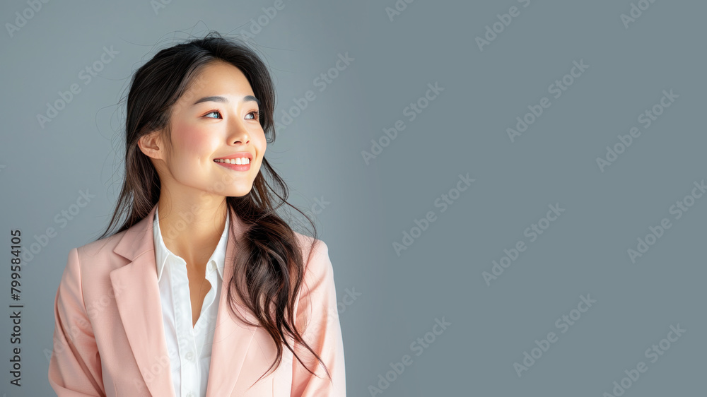 Asian business woman in pink suit smile looking up isolated on gray Asian business woman in pink suit smile looking up isolated on gray