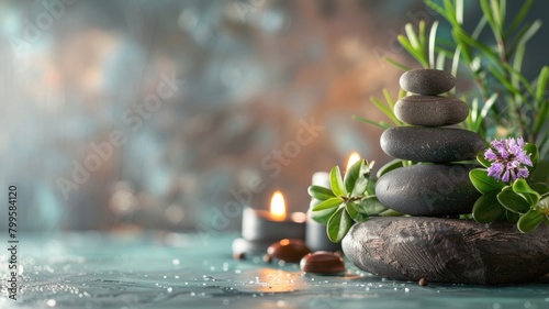 Zen stones in balance with lit candle and plant on serene blue backdrop