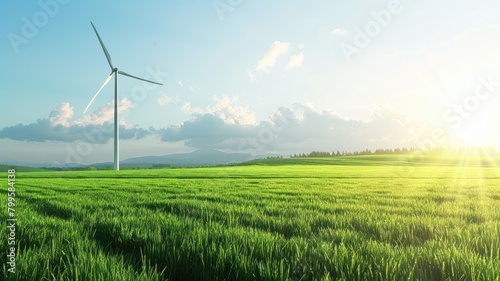 Wind turbine in green field with sunny sky