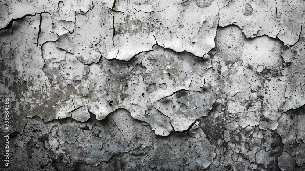 Close-up of cracked, weathered, and peeling gray paint on rough surface