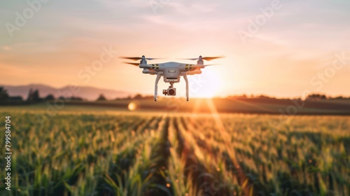 View of agricultural drone spraying pesticides on crops in field. photo