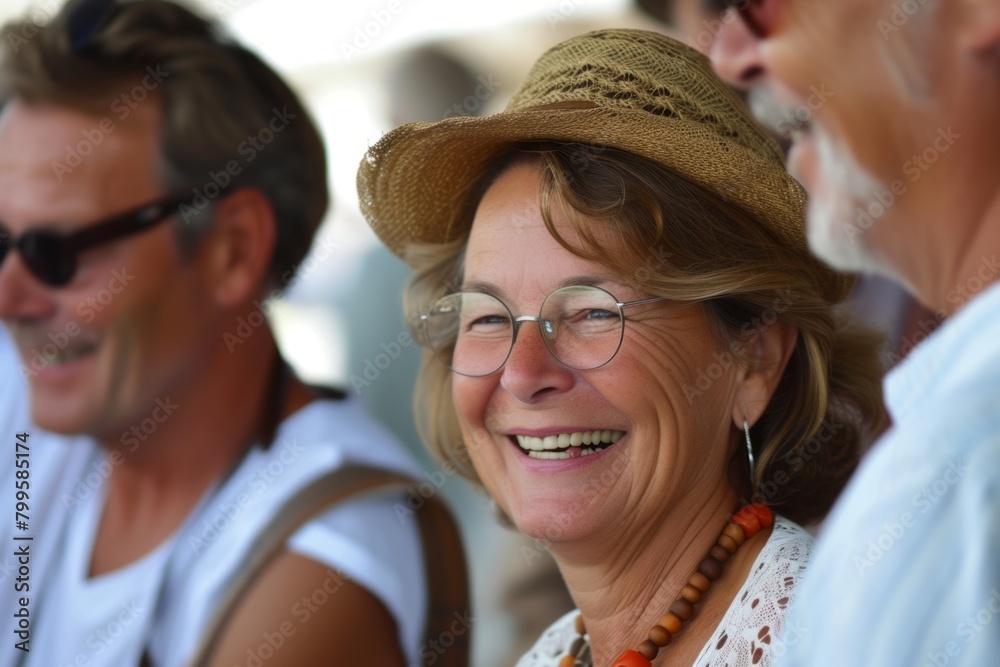 Mature woman smiling and looking at the camera with friends in the background