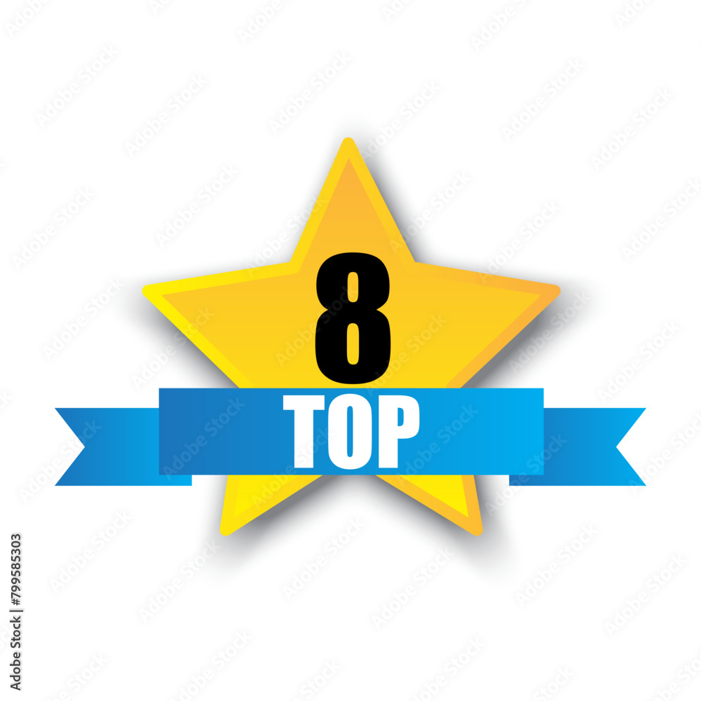 Top 8 badge icon. Yellow star with ribbon. Vector ranking symbol. Top 8 badge icon. Yellow star with ribbon. Vector ranking symbol.