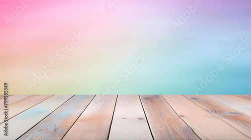Wooden floor with colorful clouds as background