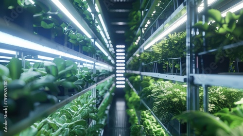 Modern vegetable farming in a greenhouse with neon lights.