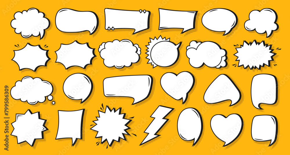 © neliakott - Retro speech bubble comic set. Pop art empty chatting box design, dialog clouds message box with halftone dot. Comics frame book, balloon banner. Cartoon vintage 80s-90s Vector illustration Isolated
