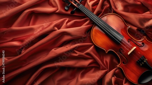 Violin on luxurious red fabric with elegant folds photo