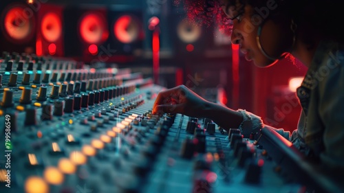 Woman adjusting audio mixing console in studio with vibrant lighting