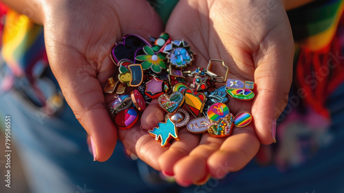 Hands holding colorful assortment of enamel pins under sunlight photo