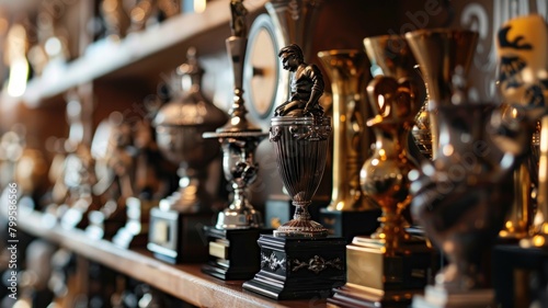 Array of assorted trophies on shelf, symbolizing achievements photo