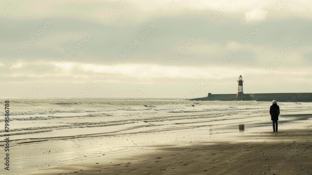 Person walking on beach towards lighthouse with waves and cloudy sky