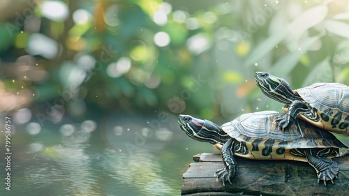 Two turtles on log with sparkling light background photo