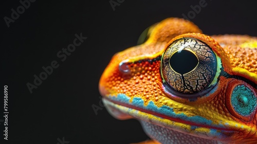 Close-up of colorful gecko showcasing its textured skin and detailed eye against dark background photo