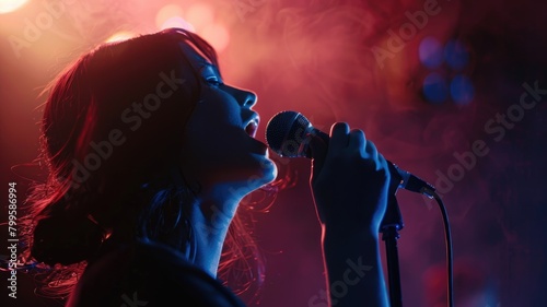 Person singing passionately into microphone on stage with colorful lighting