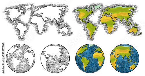 Earth planet globe and map. Vector color and black vintage engraving illustration isolated on a white background. For web, poster, info graphic.