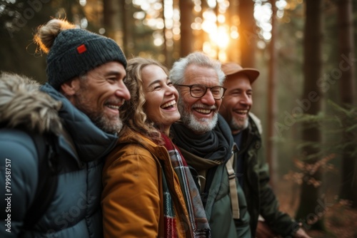 Group of friends hiking together in the forest. They are laughing and having fun.