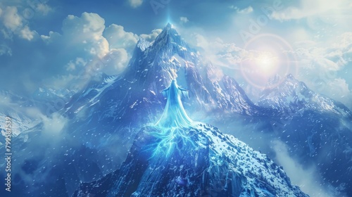 From atop a snowy mountain peak a powerful yet merciful ice queen stands with her arms outstretched her icy blue aura pulsing with . .