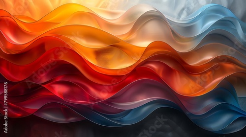 An abstract composition of chromatic waves, with overlapping diagonal layers seamlessly transitioning from warm to cool colors, each layer defined by elegant silver metallic lines 