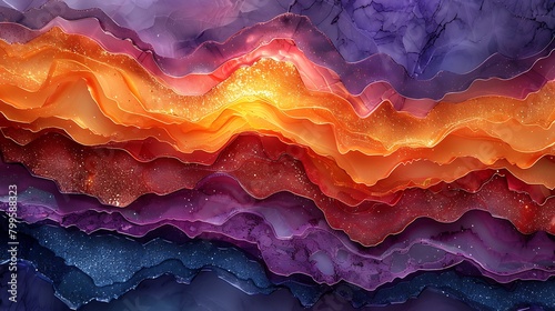 An abstract depiction of a sunset mirage with diagonal layers of deep oranges, reds, and purples, enhanced by subtle golden glitter accents 