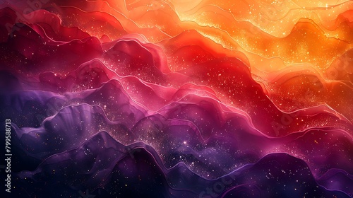 An abstract sunset mirage with sweeping diagonal layers in shades of orange, red, and purple, each layer delicately highlighted by golden glitter that catches the evening light photo