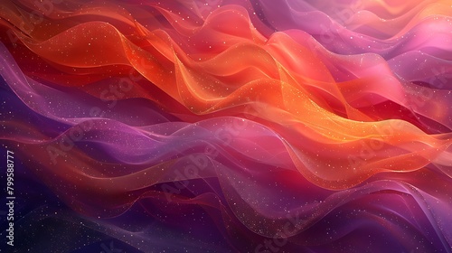 An abstract sunset mirage with sweeping diagonal layers in shades of orange, red, and purple, each layer delicately highlighted by golden glitter that catches the evening light