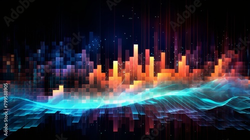Sound wave graphic on an abstract background with distorted pixel effect, digital disruption theme,