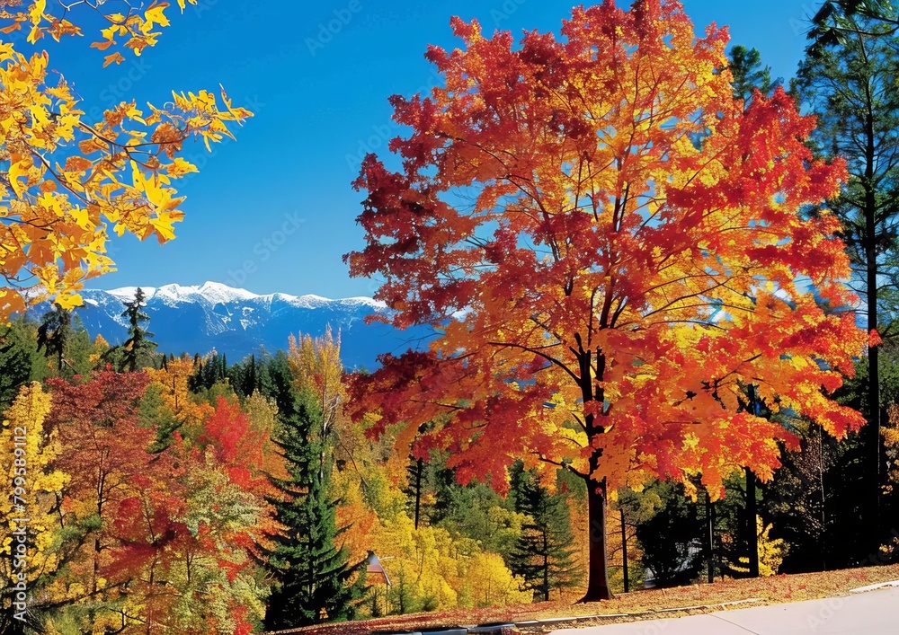 Vibrant autumn colors burst from trees along a scenic mountain road, with a distant snow-covered mountain range Vibrant autumn colors burst from trees along a scenic mountain road, with a distant snow-covered mountain range