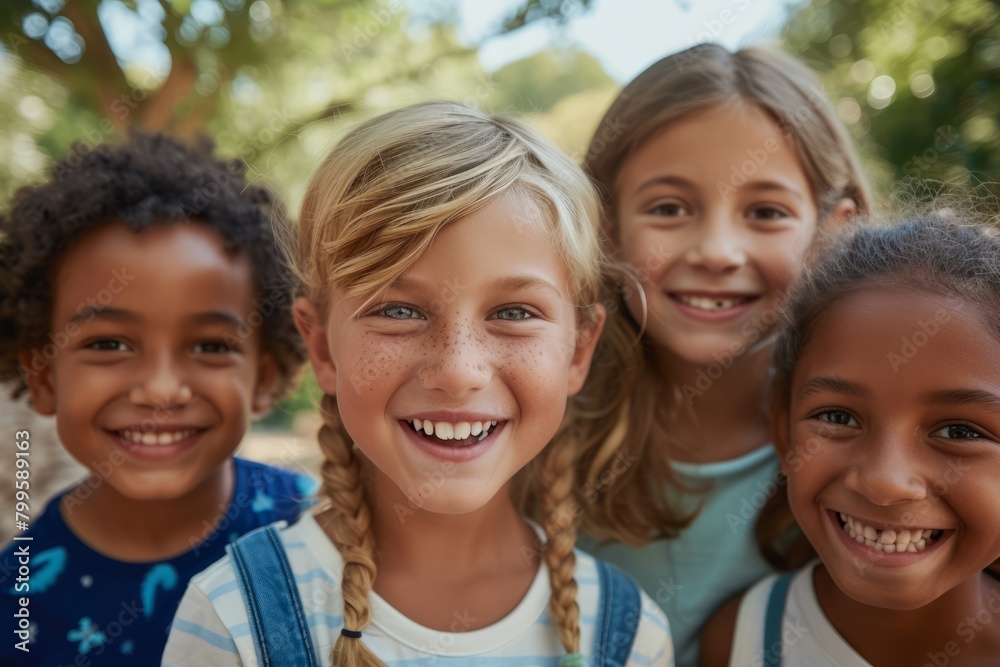 Portrait of a group of smiling children looking at camera in the park