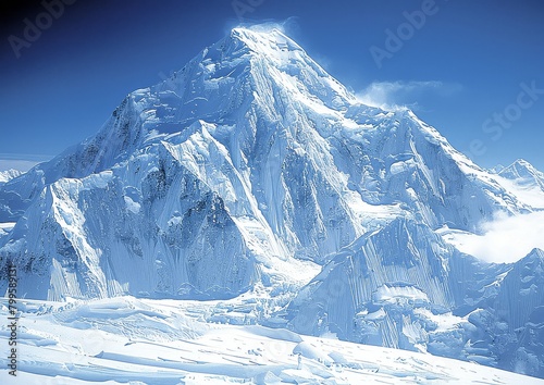Imposing snow-covered peak rising majestically against a clear sky  a symbol of the earth s rugged beauty